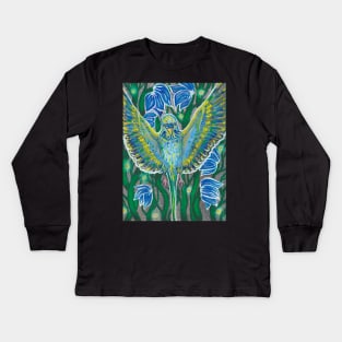 Blue budgie in flowers Kids Long Sleeve T-Shirt